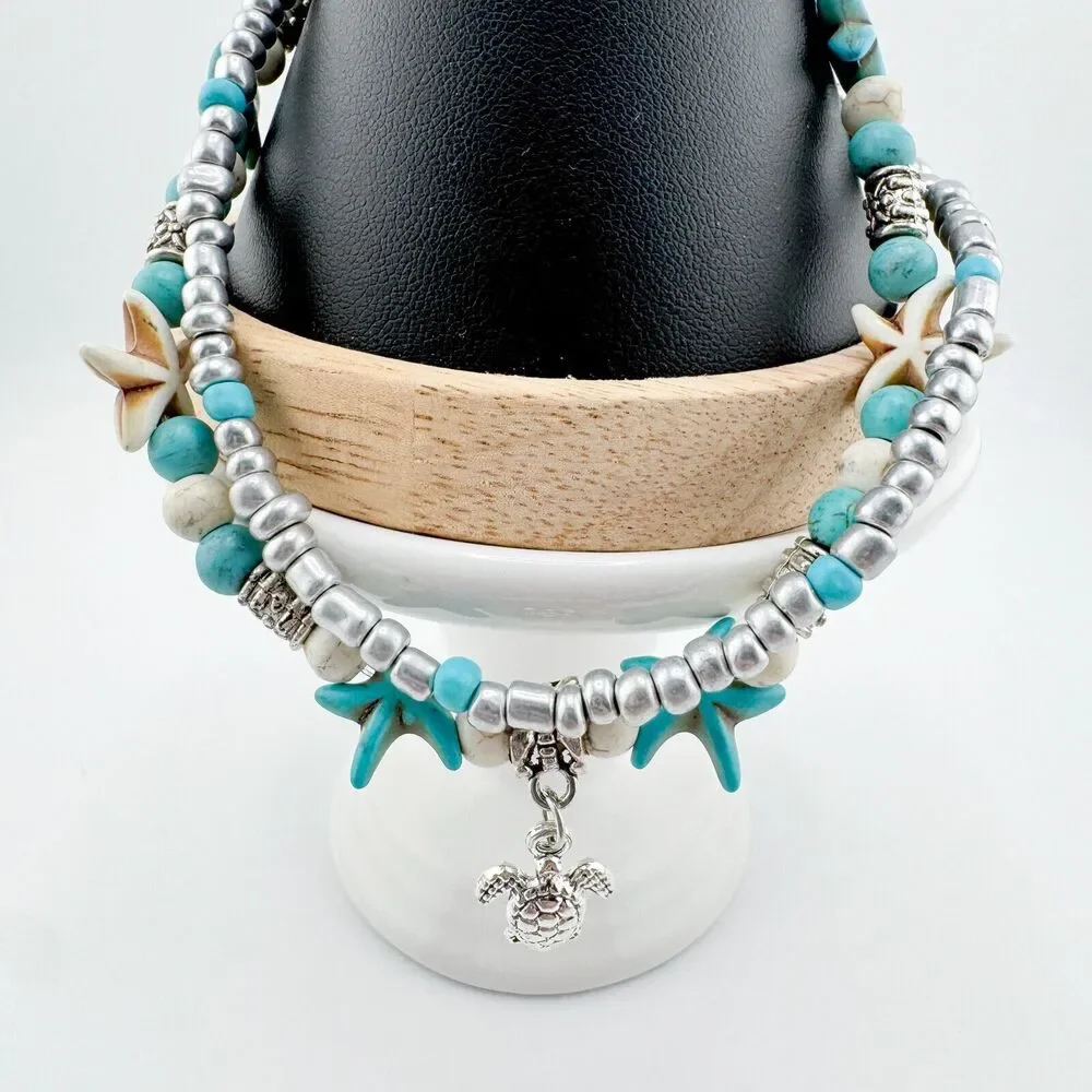 Turquoise 2 Strand Turtle Bracelet Anklet Silver Tone Beach Rustic Retro Sea